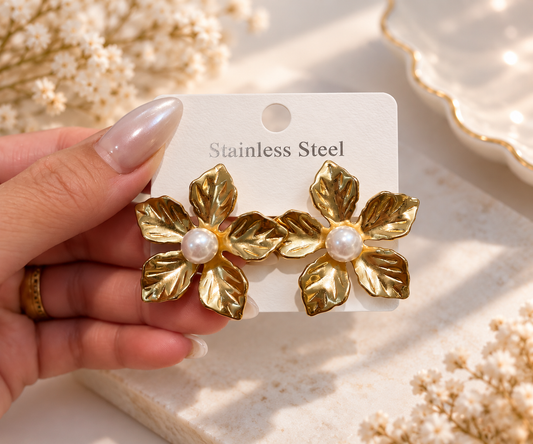 Gold Flower Earrings with Pearl Detail – Stainless Steel
