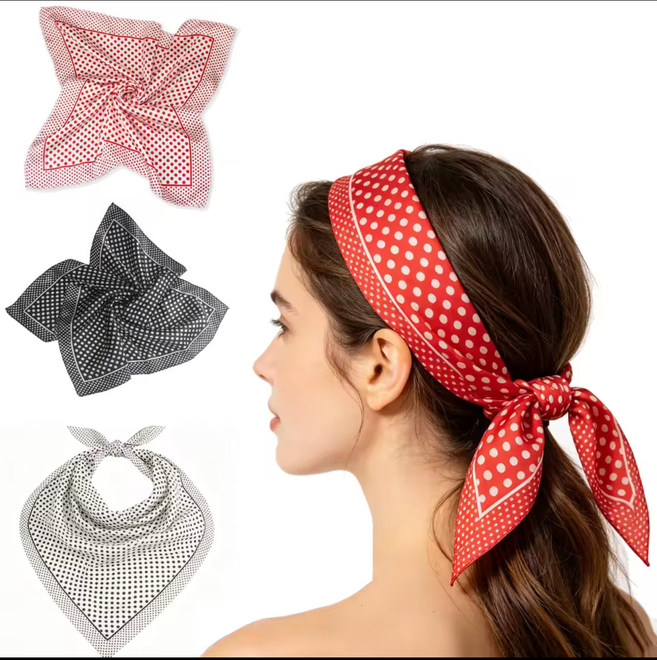 Polka Dot Satin Silk Square Scarf, Retro Red Black White Bandana Neck Headband for Women, 3 Colors Available