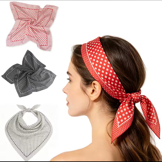 Polka Dot Satin Silk Square Scarf, Retro Red Black White Bandana Neck Headband for Women, 3 Colors Available