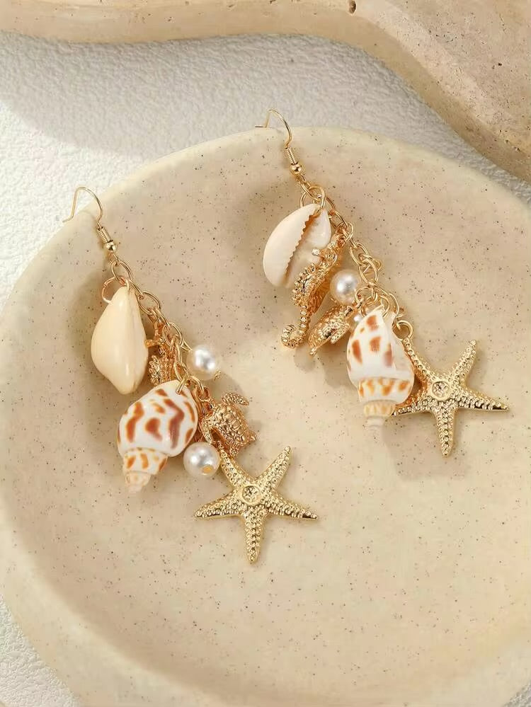 Seaside Charm Shell & Starfish Drop Earrings – Gold Ocean-Inspired Statement Earrings