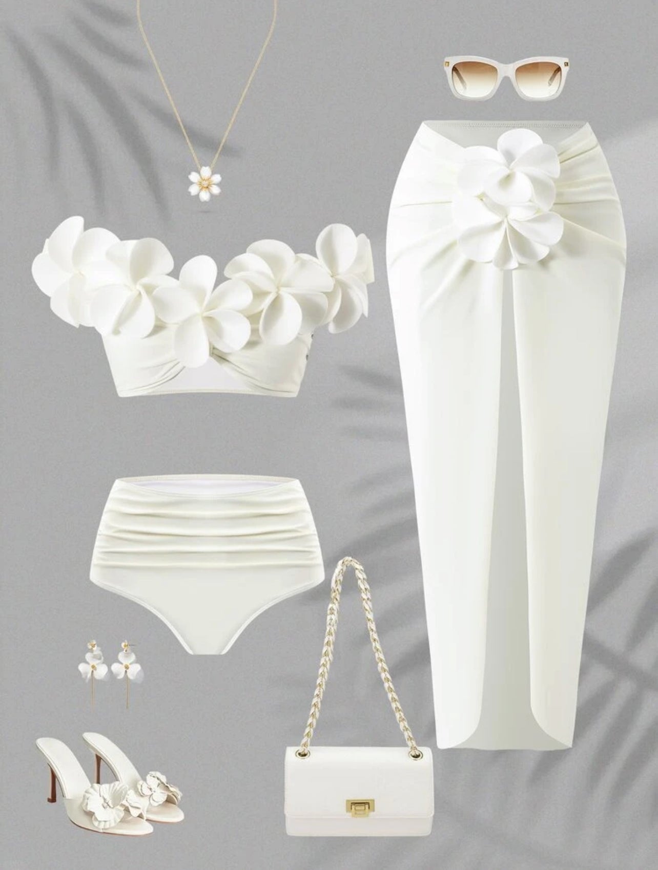 Bonvoyette Women's Summer Beach Vacation 3D Floral Decor One-Shoulder Bikini Set, Elegant White Three Pieces Swimwear Set