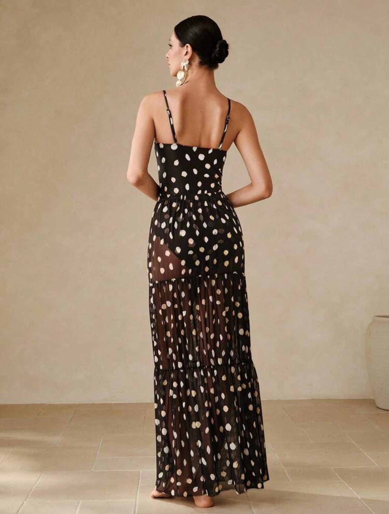 Swim Oasis New Sexy Tight Black & White Polka Dot Print Spaghetti Strap Push-Up Underwire One-Piece, Vacation Beach Crop Top & Skirt 2 Pieces Set For Summer - L,XL