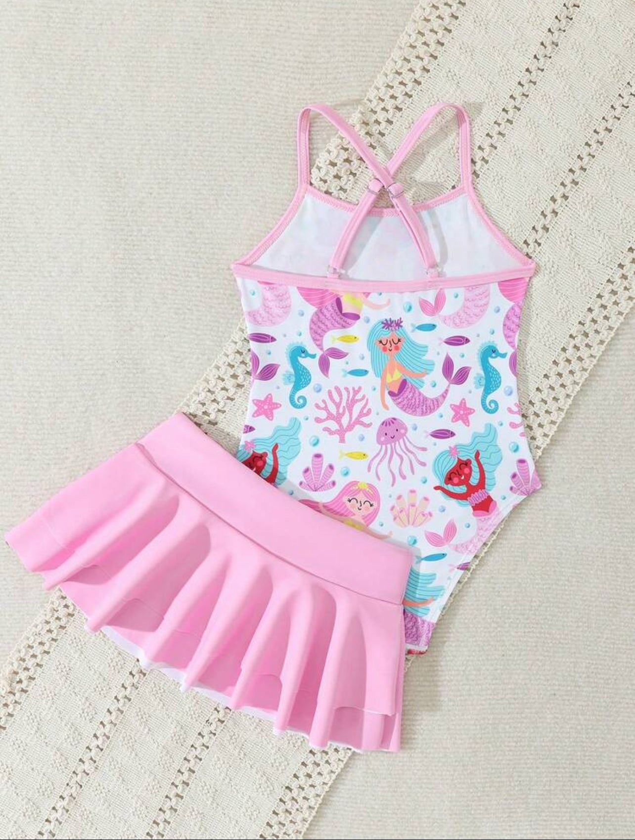SHEIN Young Girl Mermaid Print One-Piece Swimsuit With Matching Cover-Up Skirt, Random Print - 4Y