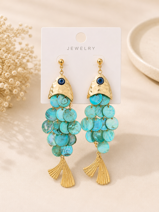 Evil Eye Gold Fish Drop Earrings – Statement Shell Disc Earrings     Hurry! Limited Pieces Available