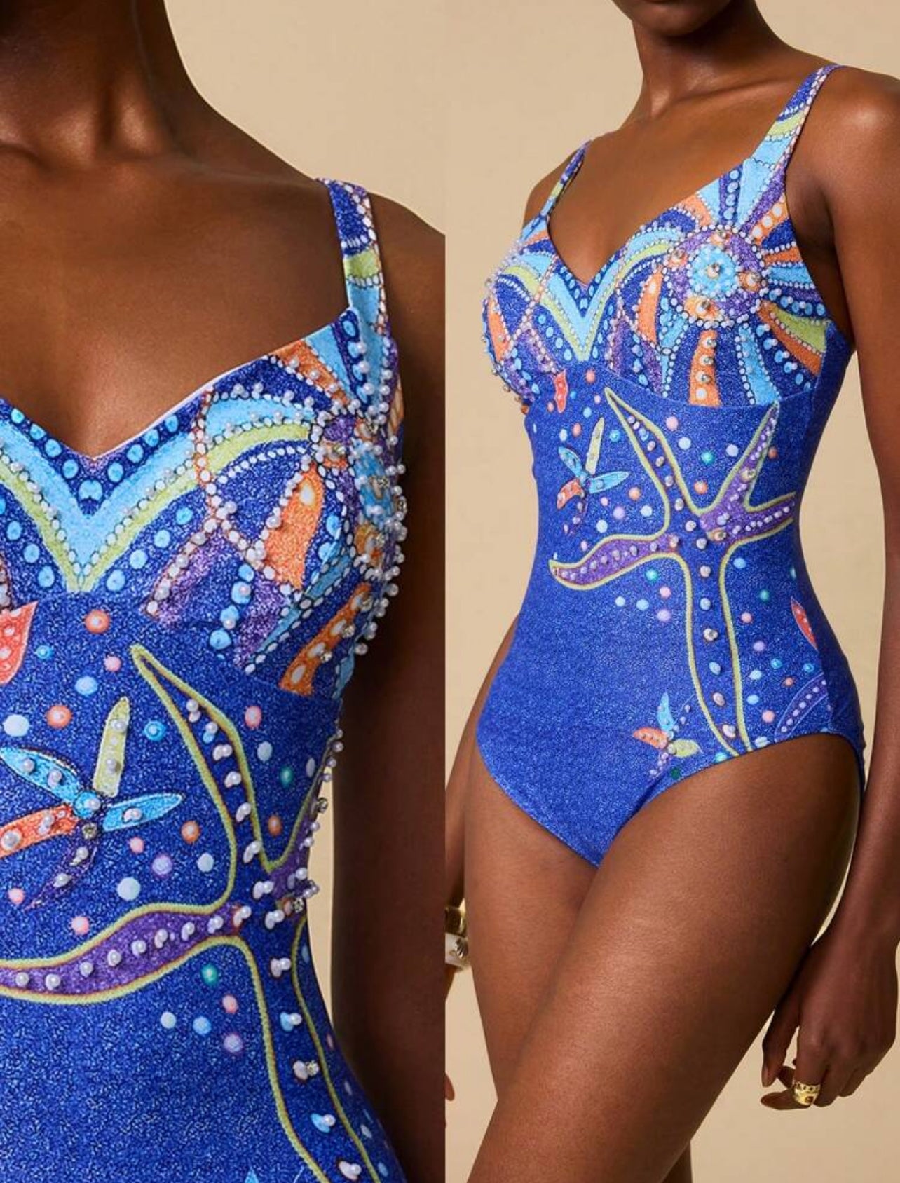 Bonvoyette 1pc Women's All-Over Print Baby Blue One-Piece Swimsuit,Summer Boho Beaded Starfish Sparkly Bathing Suit,Full Coverage Beach Vacation Holiday Holiday