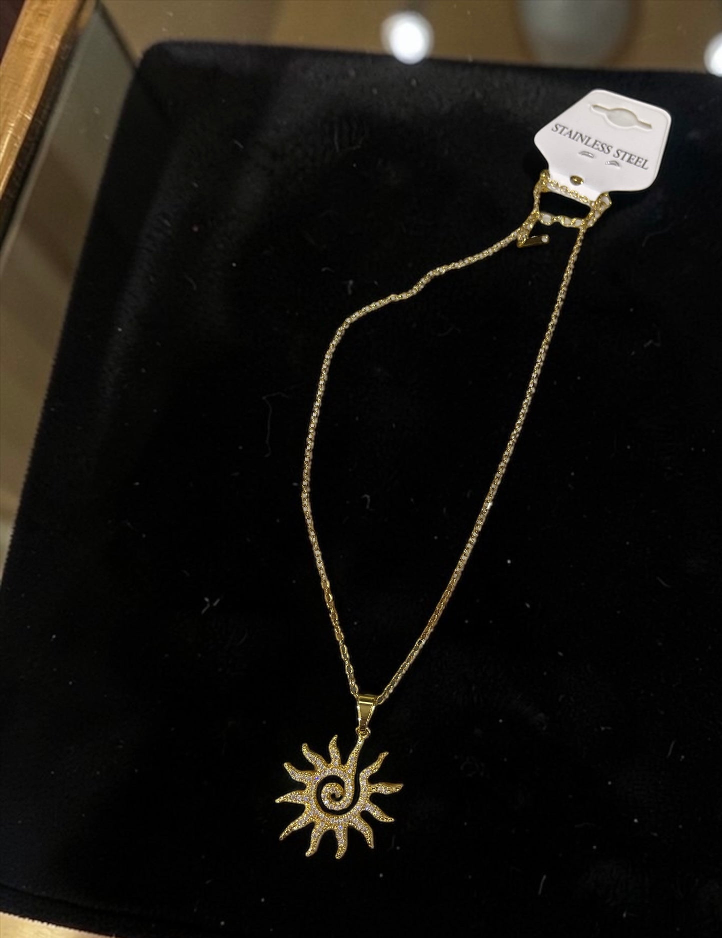 Golden Sun Spiral Pendant Necklace – Stainless Steel with Crystal Details