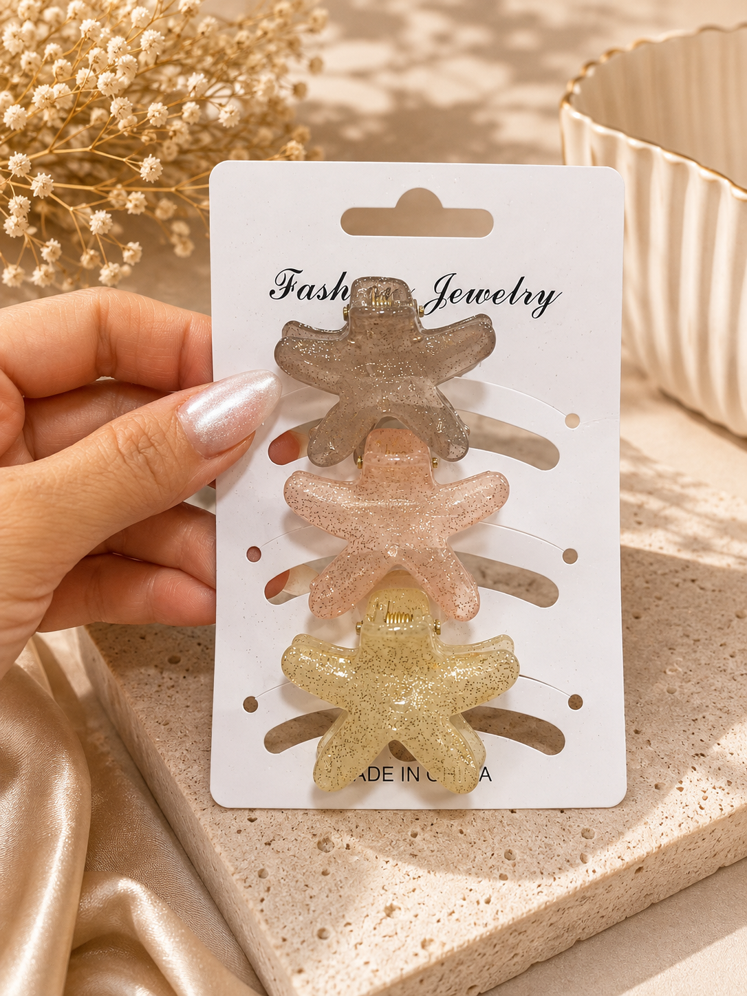 Glittery Starfish Hair Clips – Set of 3