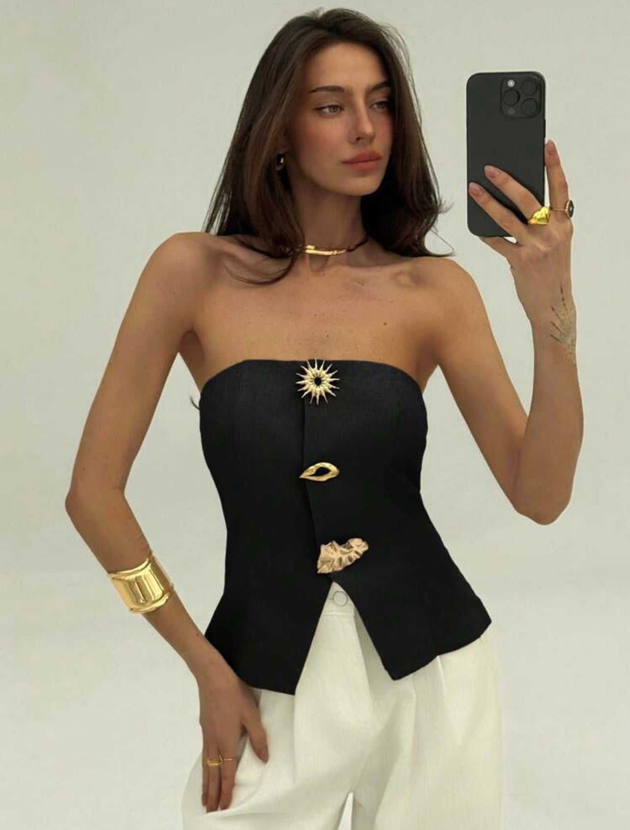 SHEIN Aloruh Office Wear Modern Metal Button Decor Bandeau Women Blouse - M,L