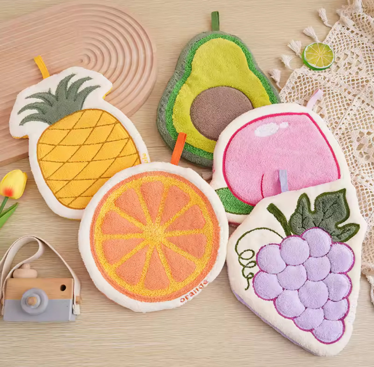 4Pcs Coral Velvet Hanging Fruit Hand Towel Simplicity Household Creative Cartoon Fruit Towel Not Drop Hair Soft Thick Absorbent Towel