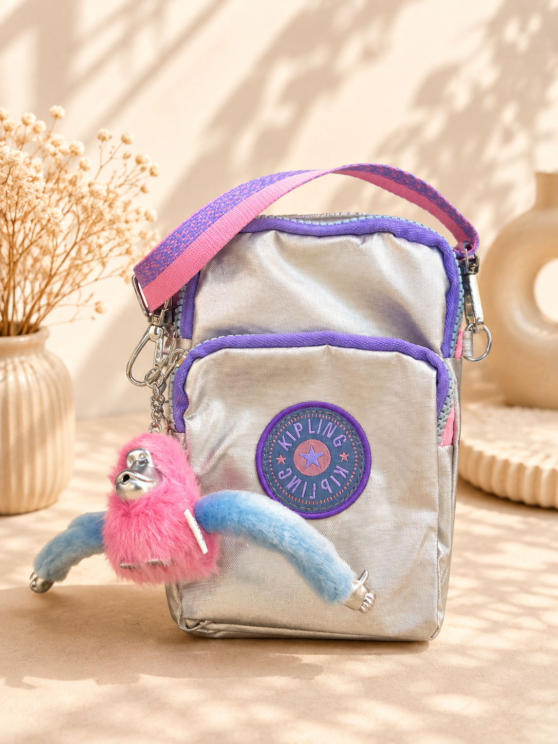 3-Zipper Crossbody Bag with Cute Monkey Charm – Pink & Lavender