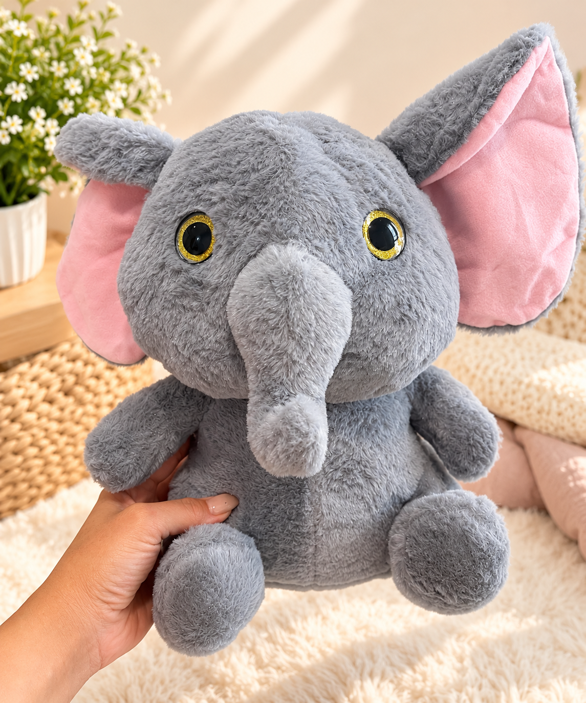 Cute Grey Plush Elephant with Pink Ears – Soft Stuffed Toy