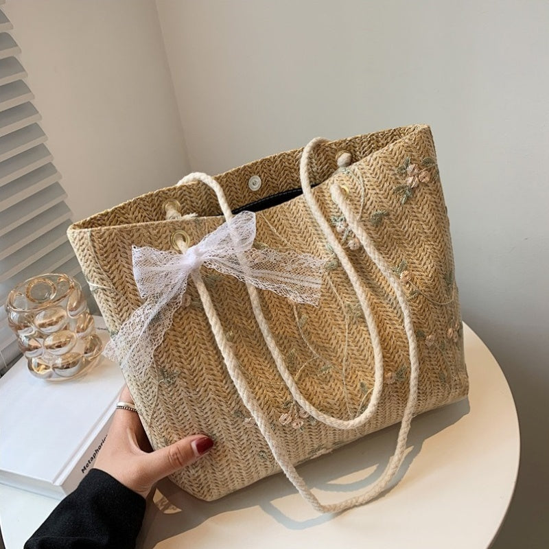 Embroidered Straw Tote Bag with Lace Bow – Summer Beach Bag