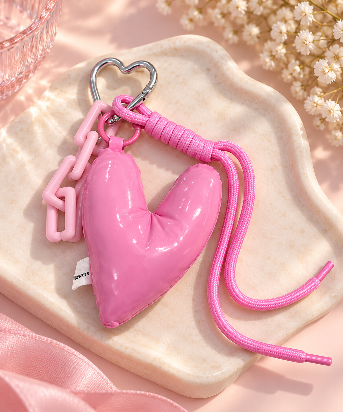 Puffy Heart Keychain with Chunky Chain & Rope – Pink, Purple & Silver