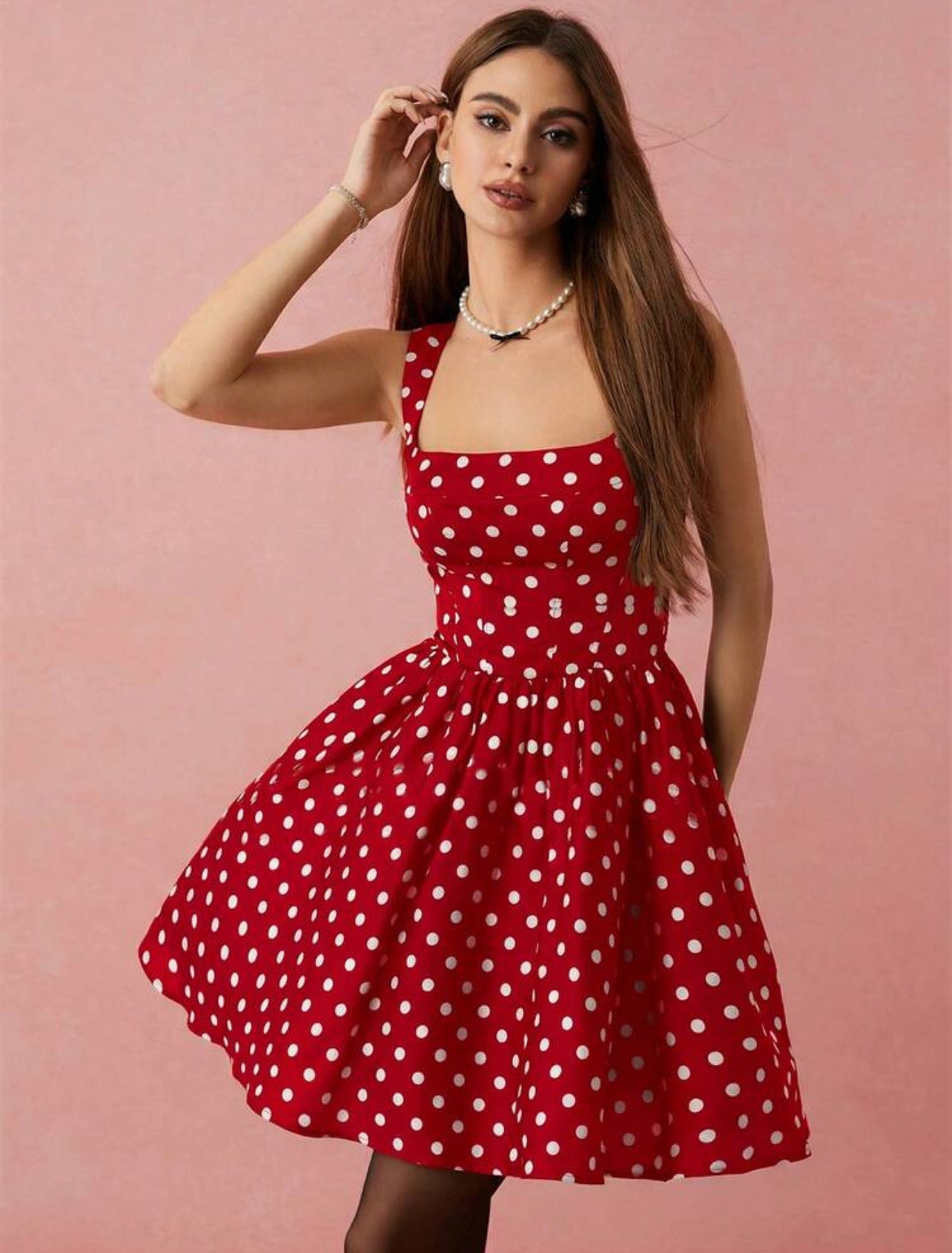 Enchnt Women's Red And White Polka Dot Square Neck Sleeveless Short Dress,Vintage Tea Party Summmer Elegant Birthday Graduation Wedding Party Dress - S,M
