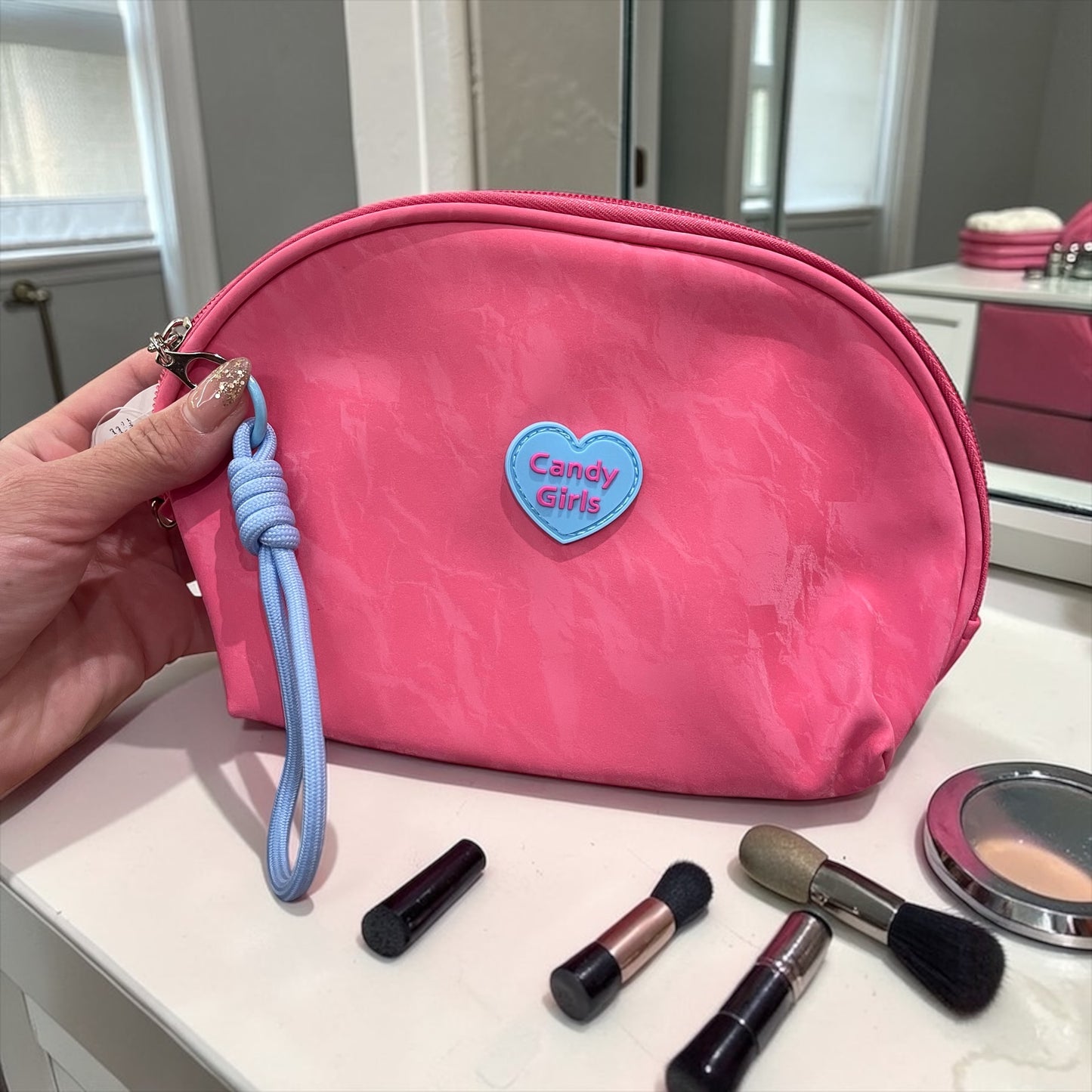 Candy Girls Pink Makeup Pouch – Cute Cosmetic Organizer Bag with Wrist Strap