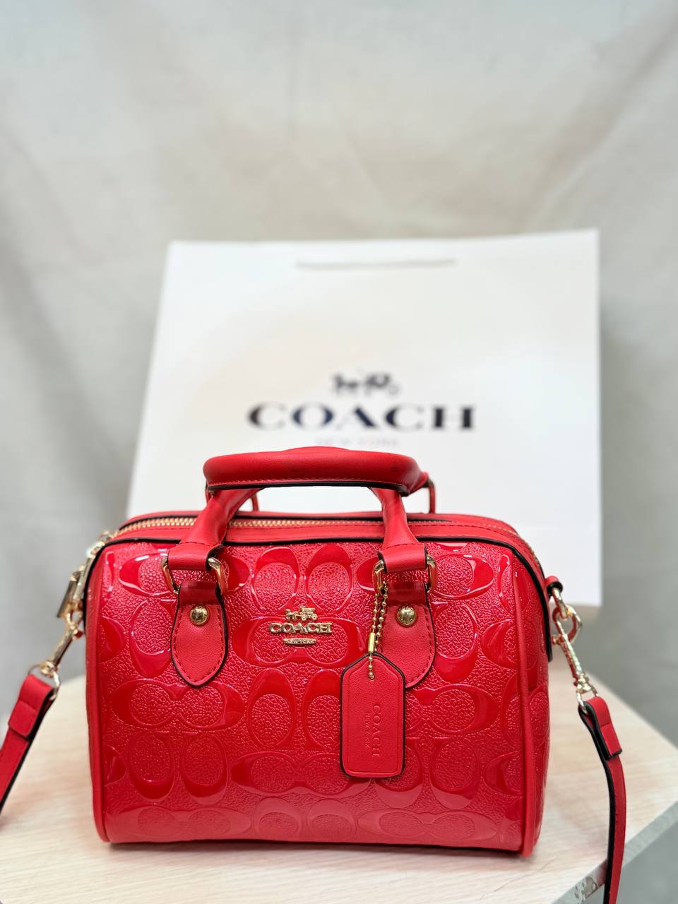 Coach High Copy Trending Red Patent Mini Boston Bag – Embossed Design with Crossbody Strap