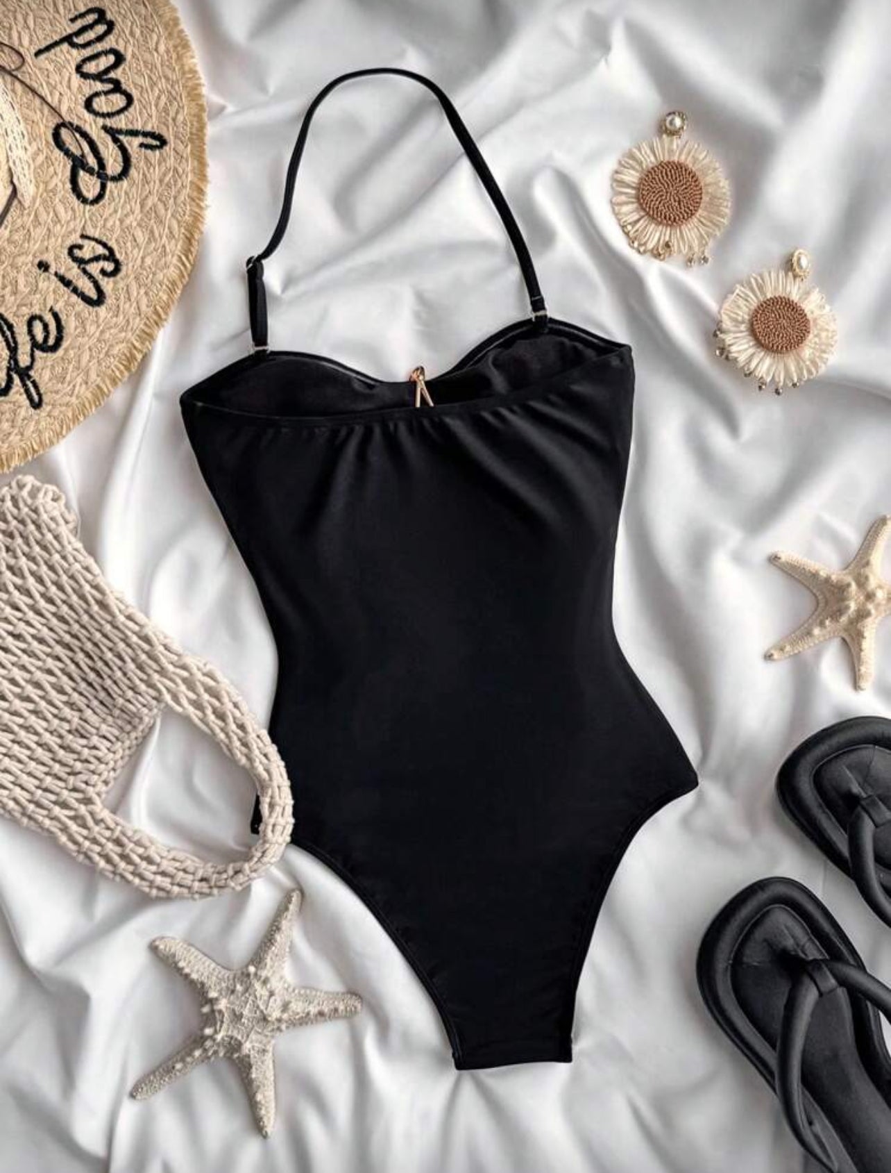 SHEIN Teen Girls Black 1pc Detachable Strap Hollow Starfish Accent Ruched One-Piece Swimsuit Summer,Beach - 15Years