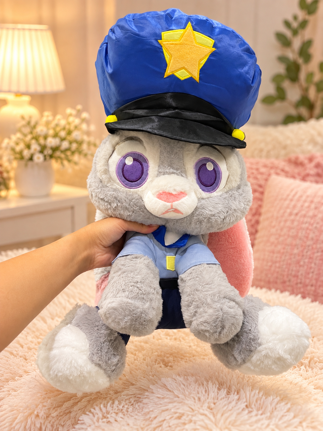 Cute Bunny Police Officer Plush Toy – Soft Grey & Pink Stuffed Animal