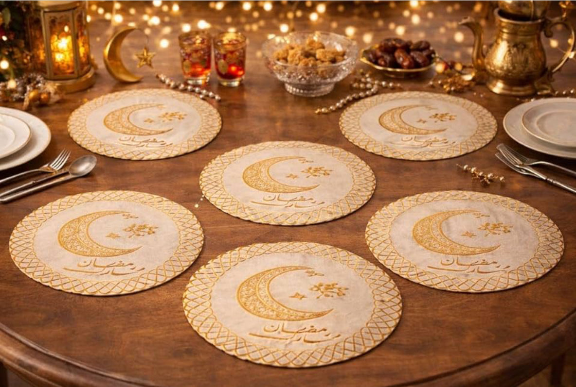 1PC Ramadan Mubarak Placemat – Gold Embroidered Round & Rectangle Table Mat