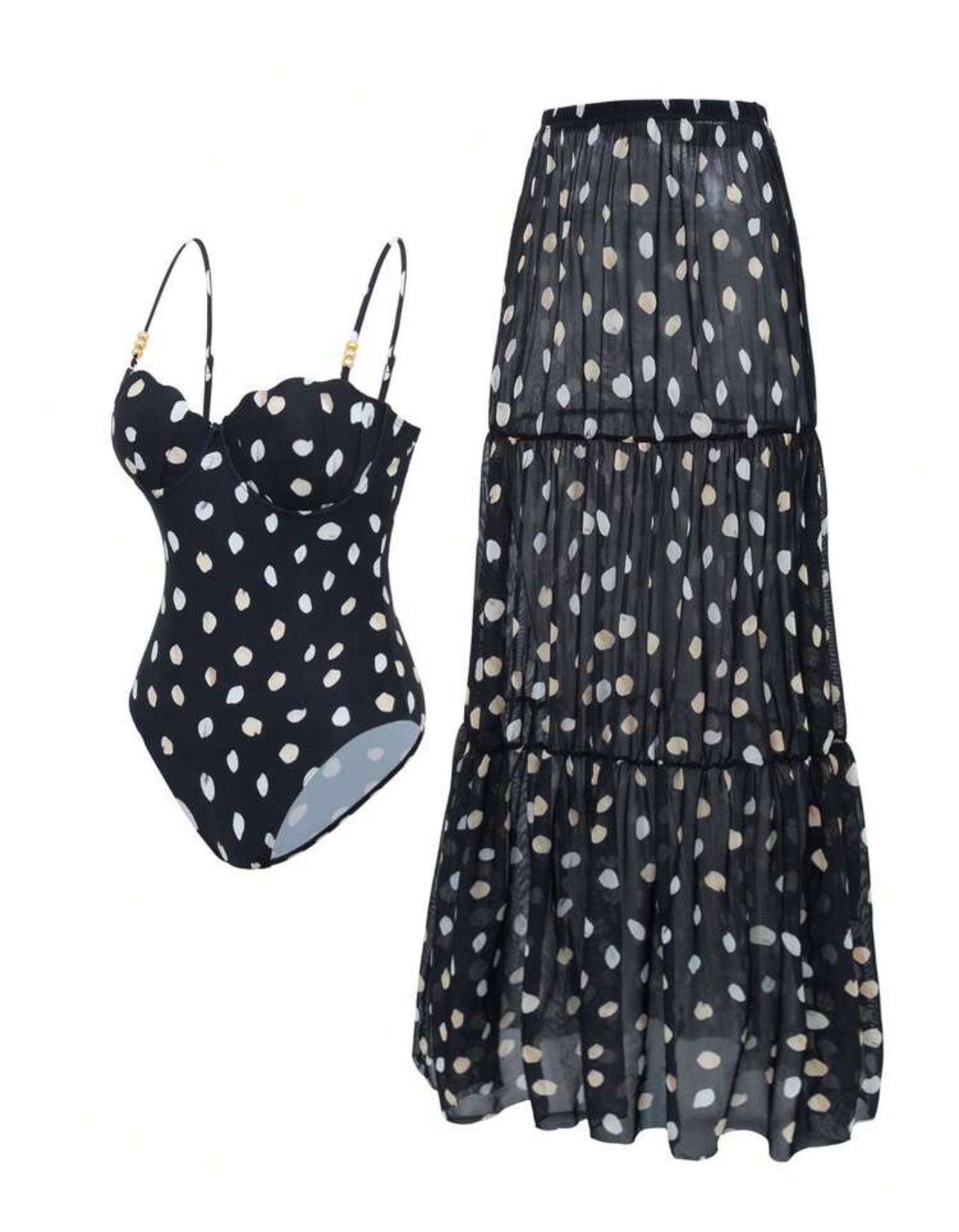 Swim Oasis New Sexy Tight Black & White Polka Dot Print Spaghetti Strap Push-Up Underwire One-Piece, Vacation Beach Crop Top & Skirt 2 Pieces Set For Summer - L,XL