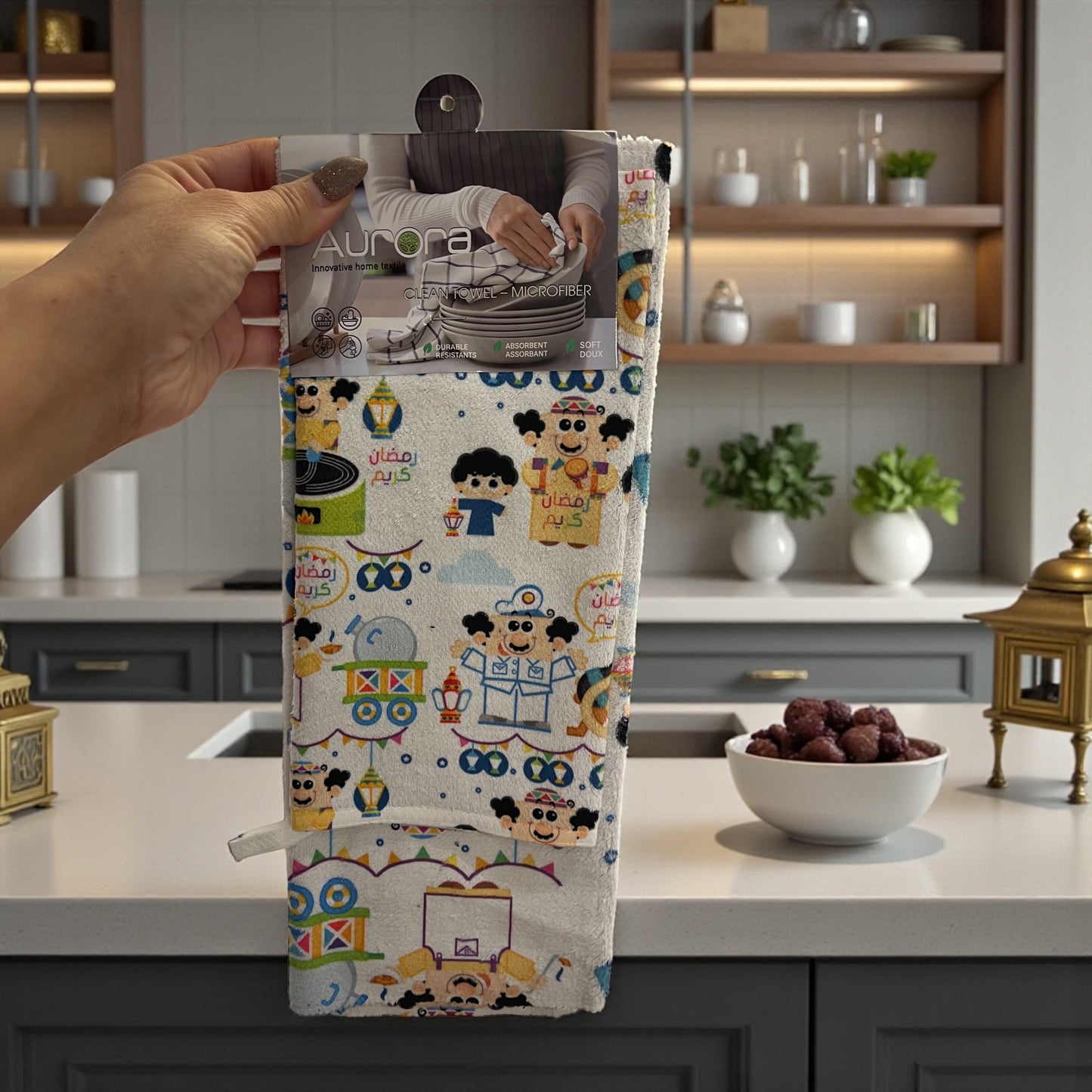 2Pcs Ramadan Kareem Microfiber Kitchen Towels – Festive Absorbent Dish Towels with Islamic Lantern & Crescent Prints