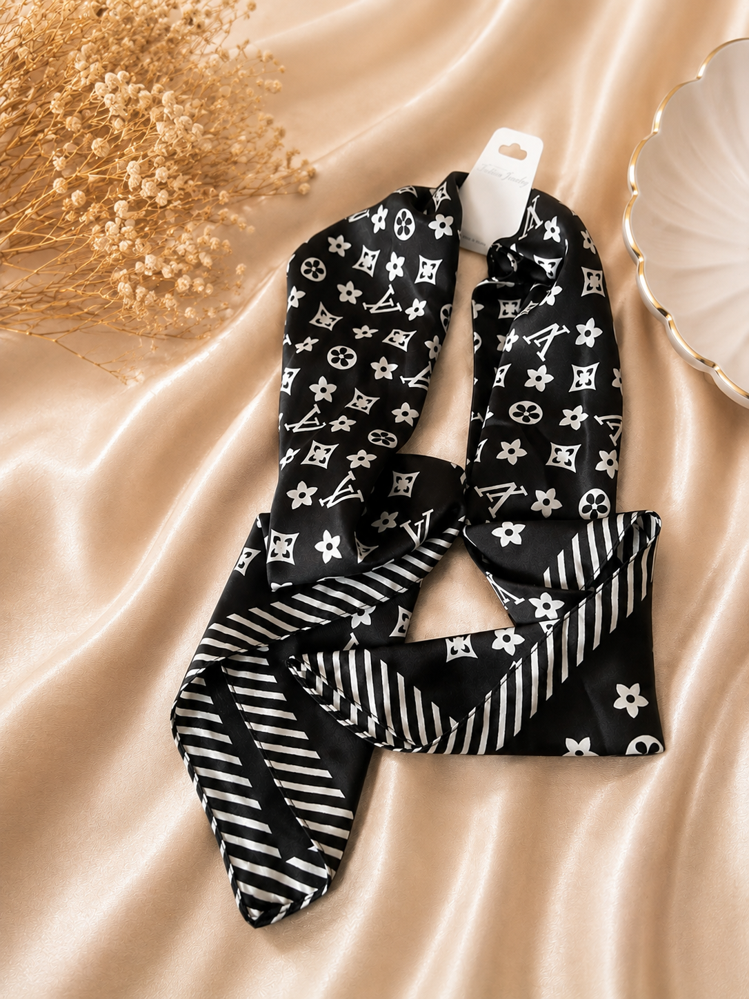Elegant Monogram Silk Scarf – Fashion Neck, Hair & Bag Scarf for Women