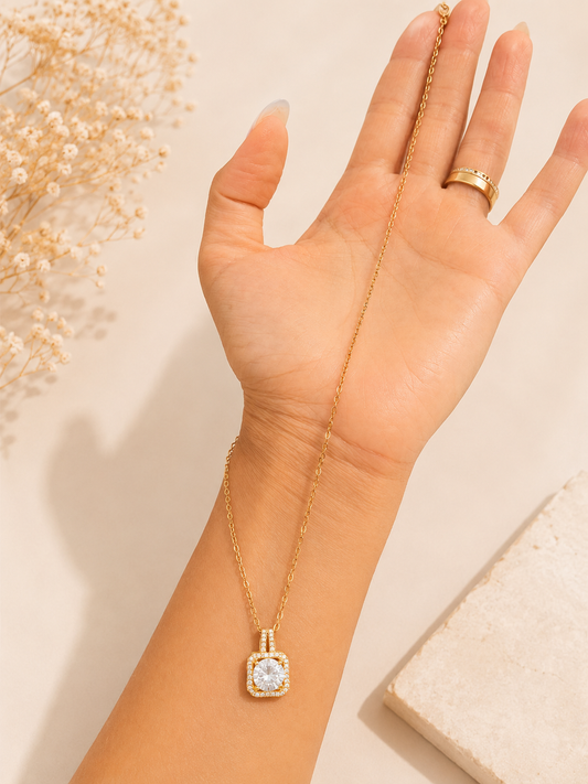 Radiant Crystal Solitaire Necklace – Gold Stainless Steel