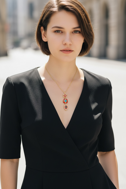 Vintage Floral Pendant stainless steel trending red pop up Necklace