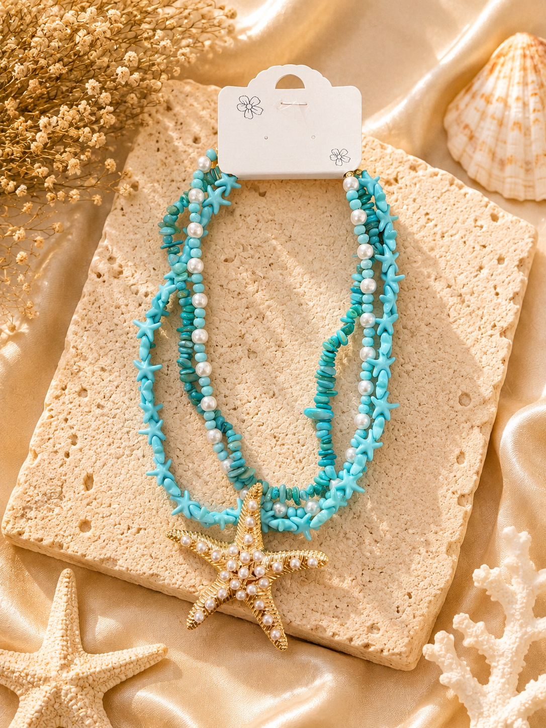 Pearl & Shell Starfish Layered Necklace – Beach-Inspired Statement Jewelry