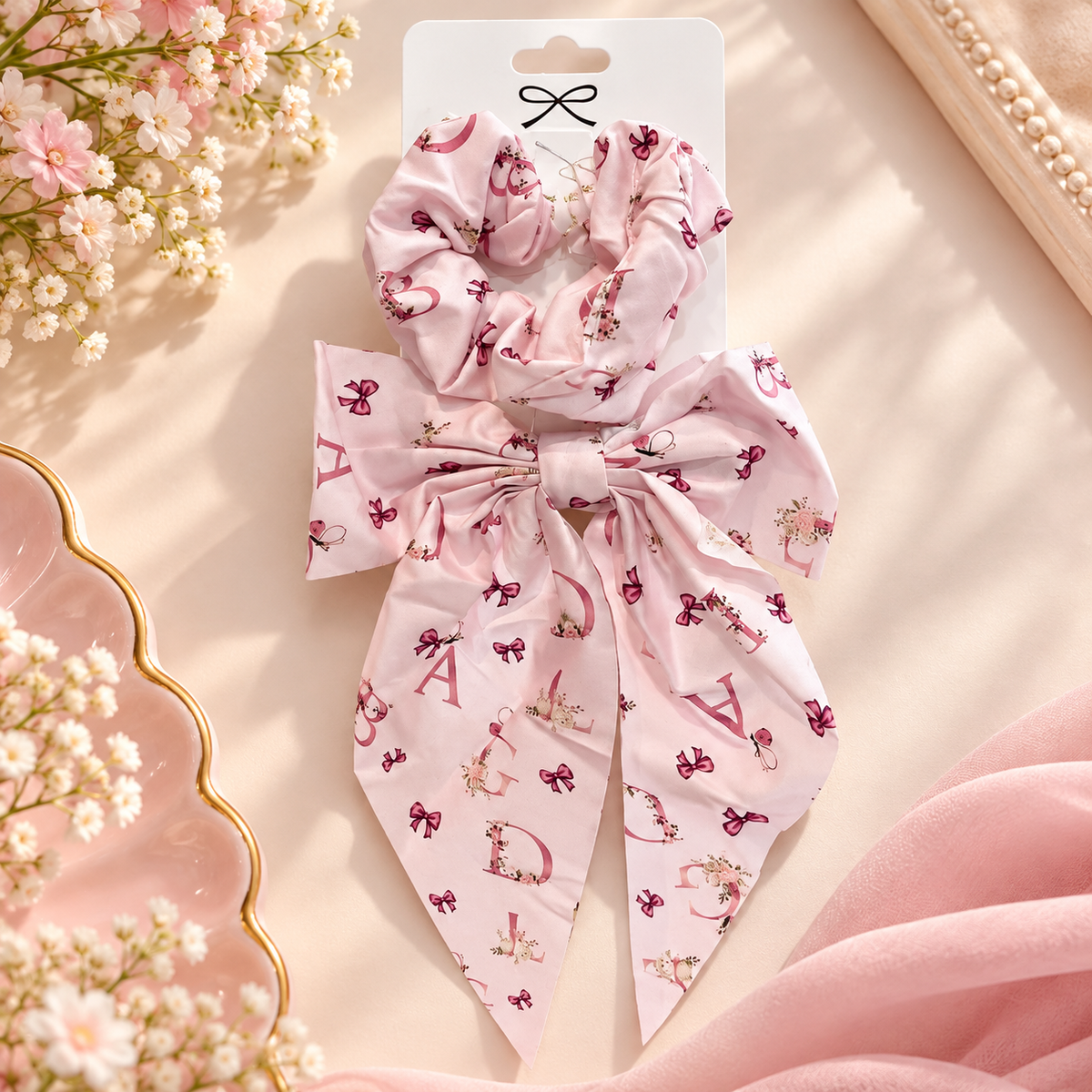 Girls’ Pink Bow Scrunchie & Long-Tail Hair Bow Set – Assorted Prints