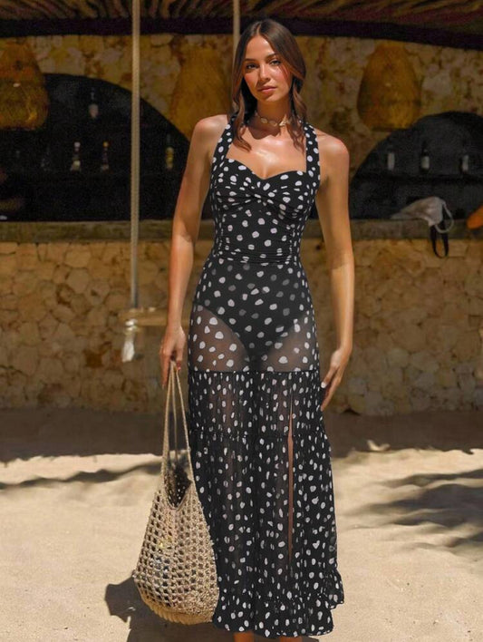 Bonvoyette Asymmetrical Polka Dot Halter One Piece Swimsuit & Maxi Skirt Set For Women - XL