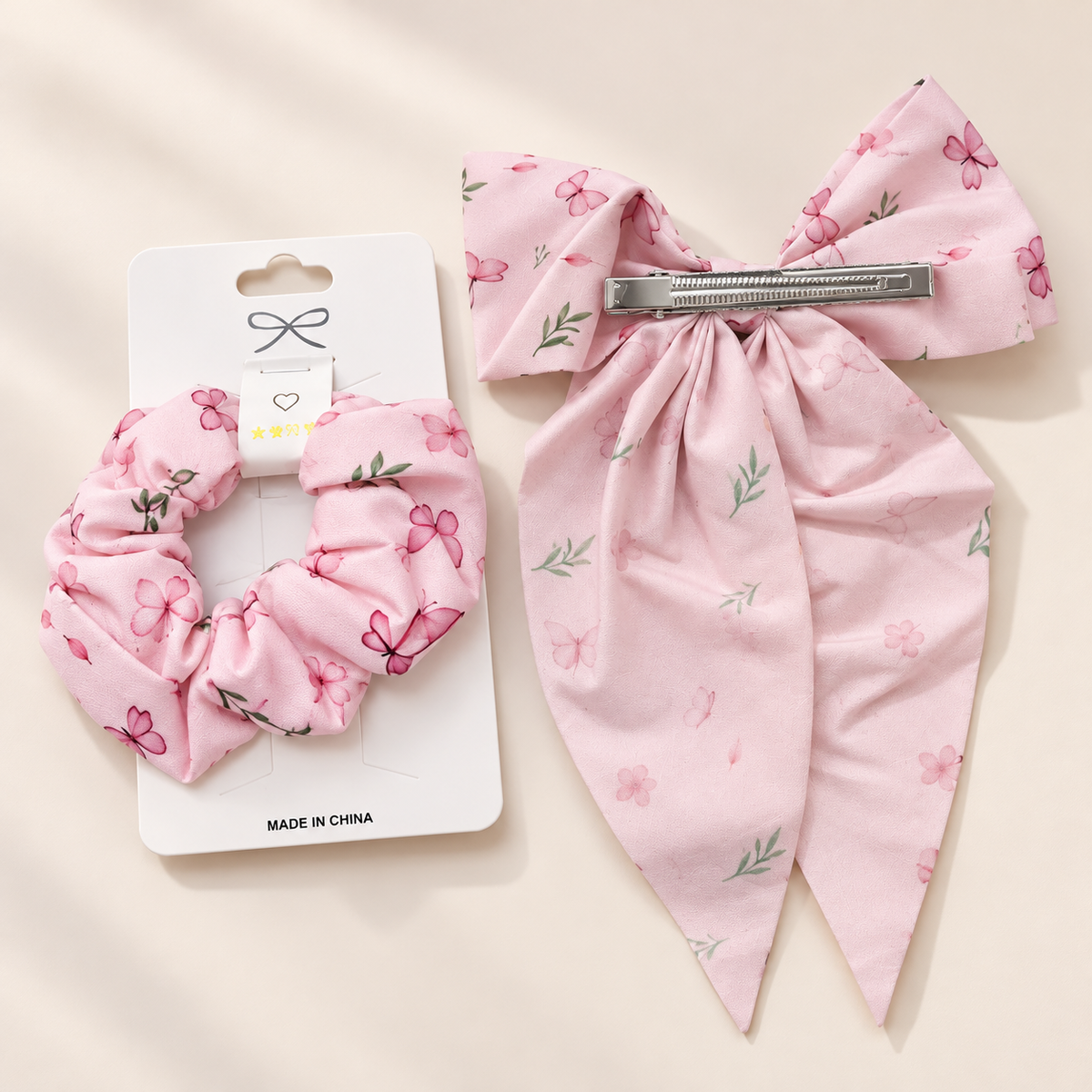 Girls’ Pink Bow Scrunchie & Long-Tail Hair Bow Set – Assorted Prints