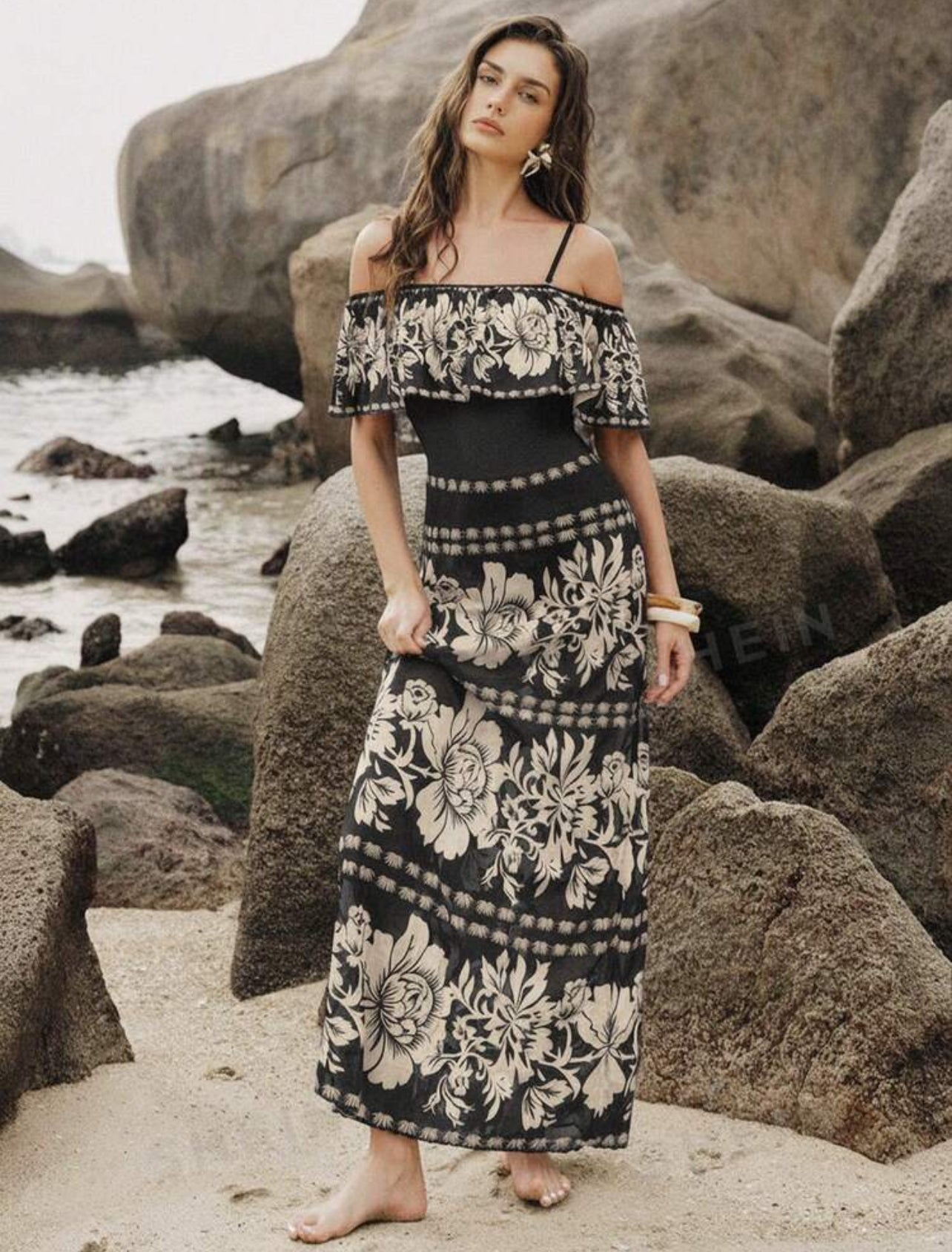 Swim Oasis 2pcs/Set Summer Fashion 3D Print Design High-End Bestselling Ruffled One-Piece Swimsuit With Beach Cover-Up Dress - Med