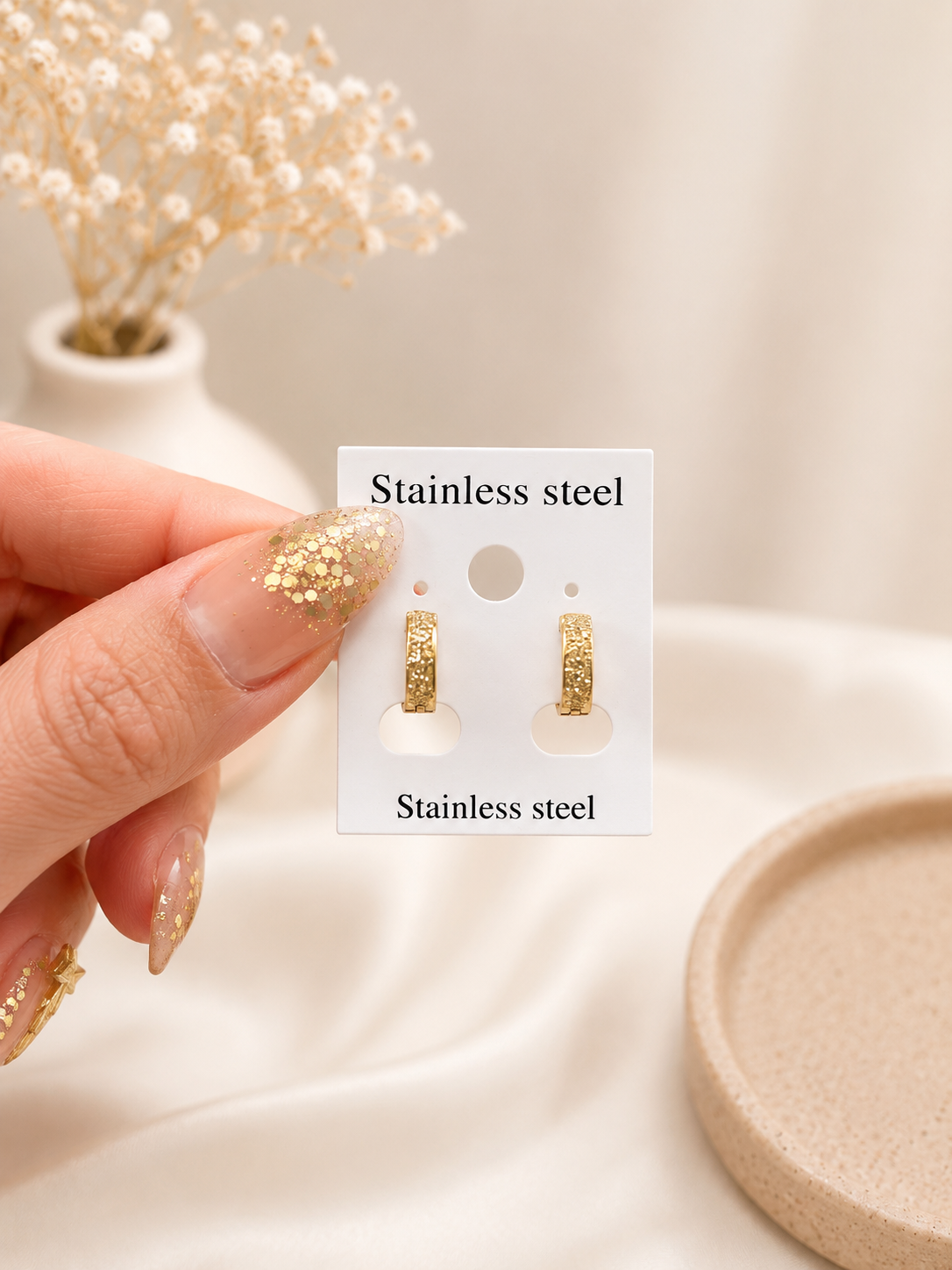 Stainless Steel Gold Glitter Huggie Hoop Earrings | Minimal Everyday Hoops