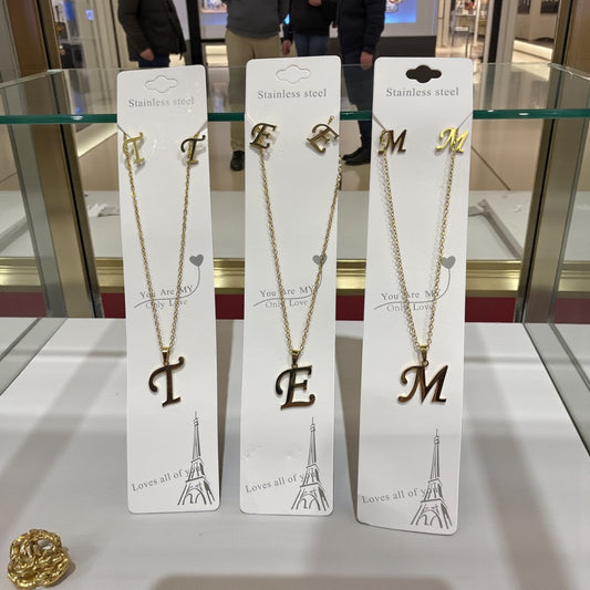 Fashion Stainless Steel Alphabet Initial Necklace 26 English Letter Earrings Necklace For Women Set Personalize Jewelry Gift