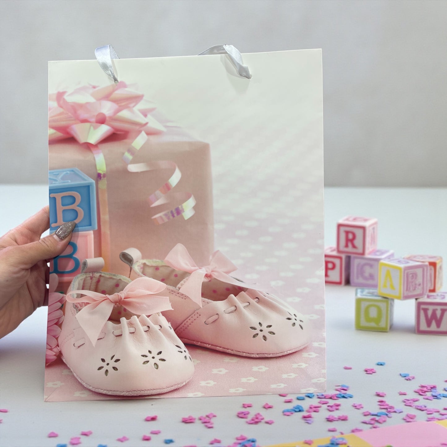 Baby Shower Gift Bag – Elegant Pink Design with Satin Handles