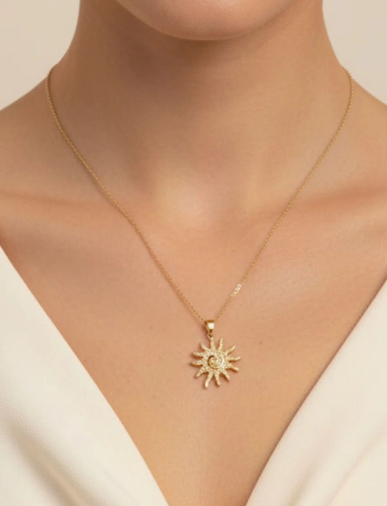 Golden Sun Spiral Pendant Necklace – Stainless Steel with Crystal Details