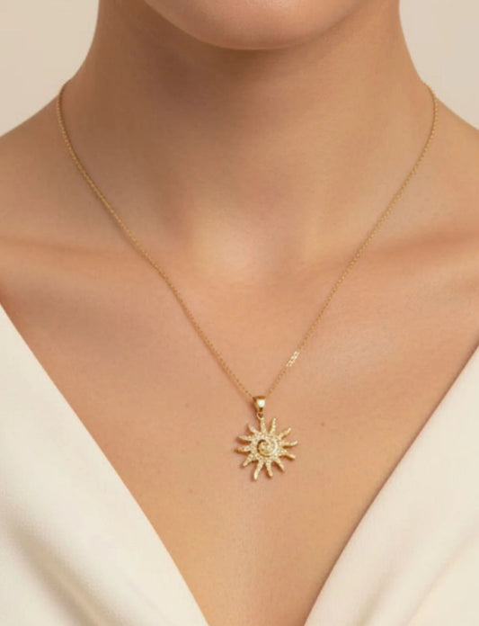 Golden Sun Spiral Pendant Necklace – Stainless Steel with Crystal Details
