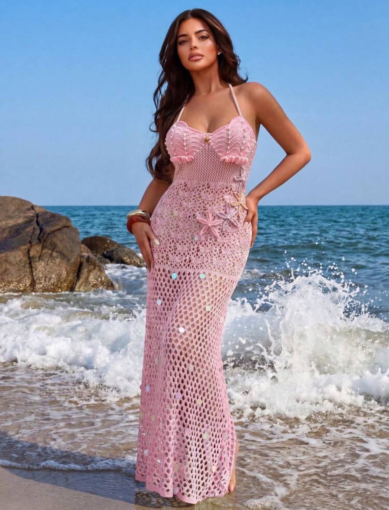 Swim SXY Light Blue Hollow Knit Halter Neck Tie Sexy Backless Cup Top Handmade Crochet Hem Wide Body Handmade Pearl Flower Embellishment Sexy Mermaid Series Women's Cover-Up Dress