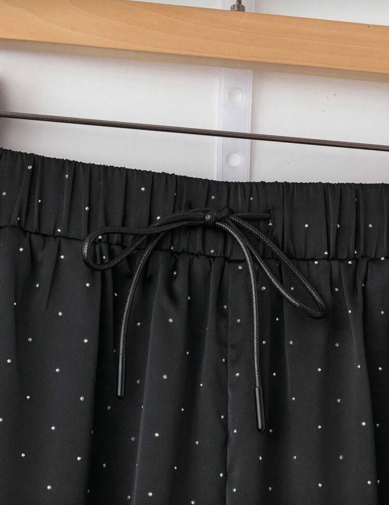 Franclia 1pc Ladies High Waist Rhinestone Satin Elastic Waist Drawstring Loose Straight Leg Pants Fall Cloth For Women - Medium