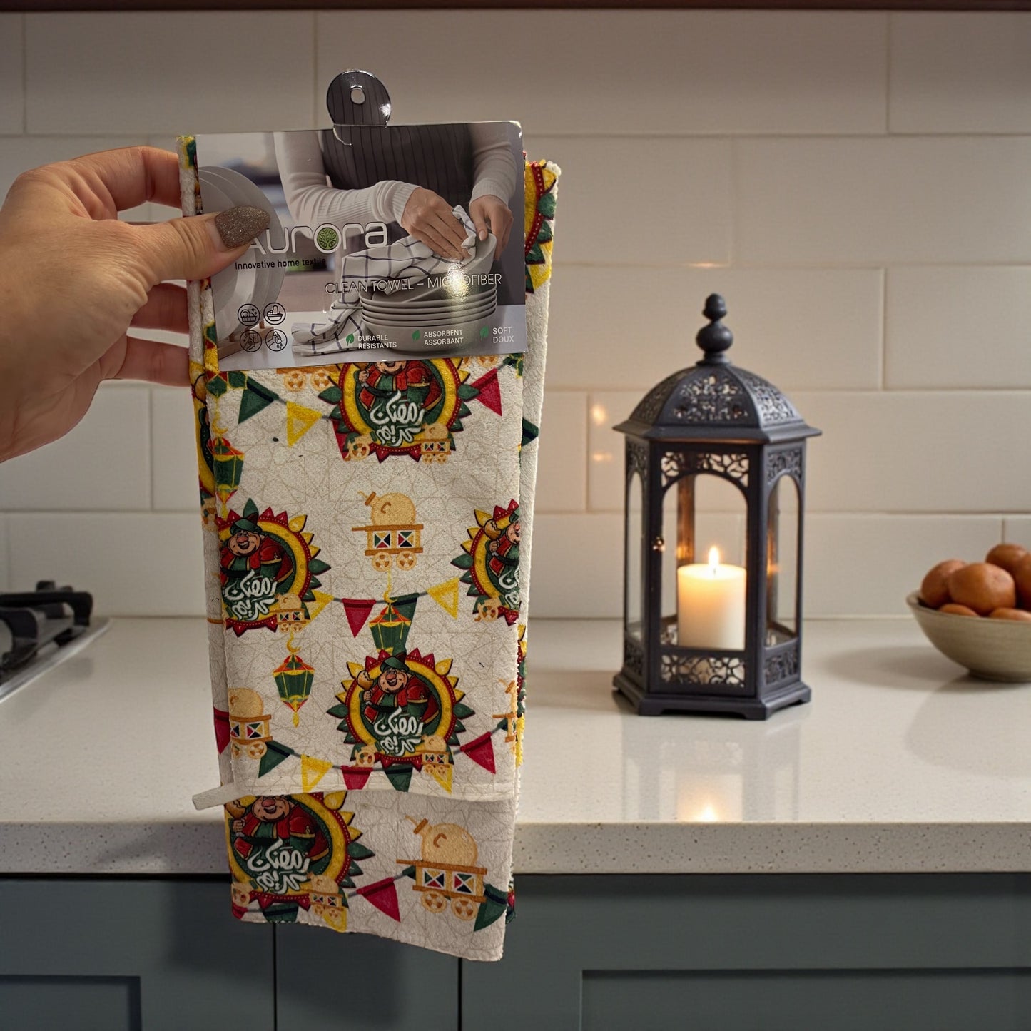 2Pcs Ramadan Kareem Microfiber Kitchen Towels – Festive Absorbent Dish Towels with Islamic Lantern & Crescent Prints