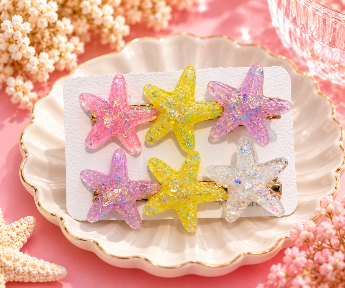 Glitter Starfish Hair Clips – 2 Pcs, Random Colors
