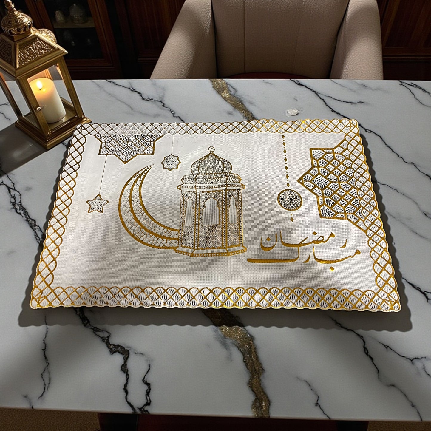 1PC Ramadan Mubarak Placemat – Gold Embroidered Round & Rectangle Table Mat