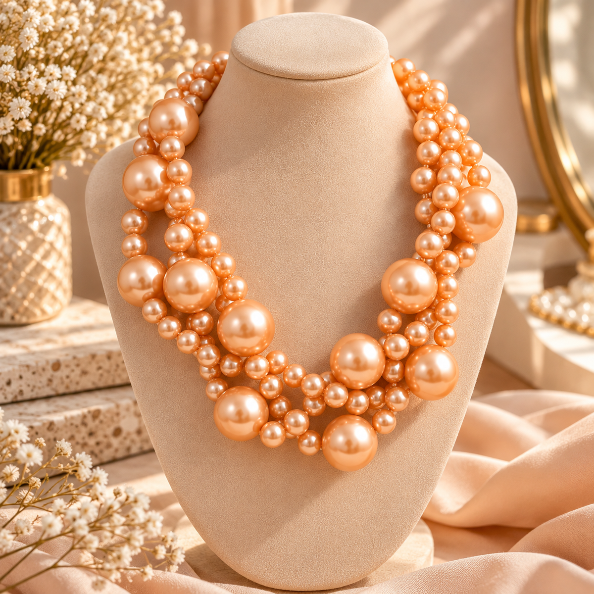 Elegant Multi-Strand Pearl Statement Necklace – Peach Gold