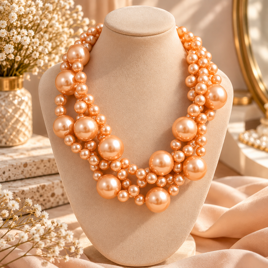 Elegant Multi-Strand Pearl Statement Necklace – Peach Gold