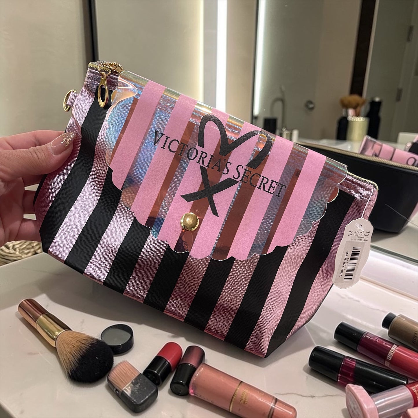 Victoria’s Secret Pink Striped Makeup Pouch – Cosmetic Bag with Zipper & Snap Flap, Travel Beauty Organizer