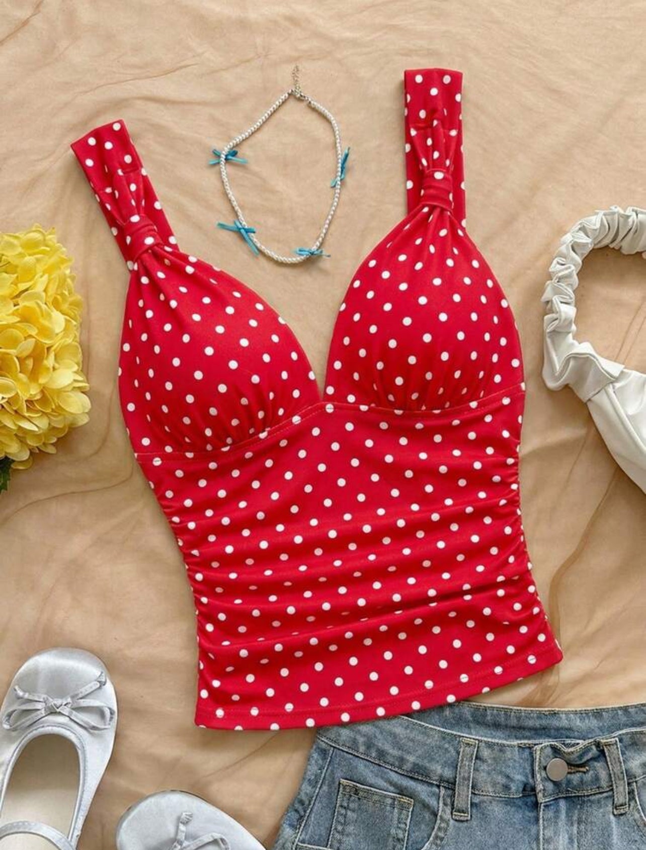 Soleia Women's Elegant Red And White Polka Dot Slim Fit Camisole,Summmer Retro Vintage 70s Twist Strap Ruched Knit Top,Vacation Boho Beach Cruise Outfit - S,M