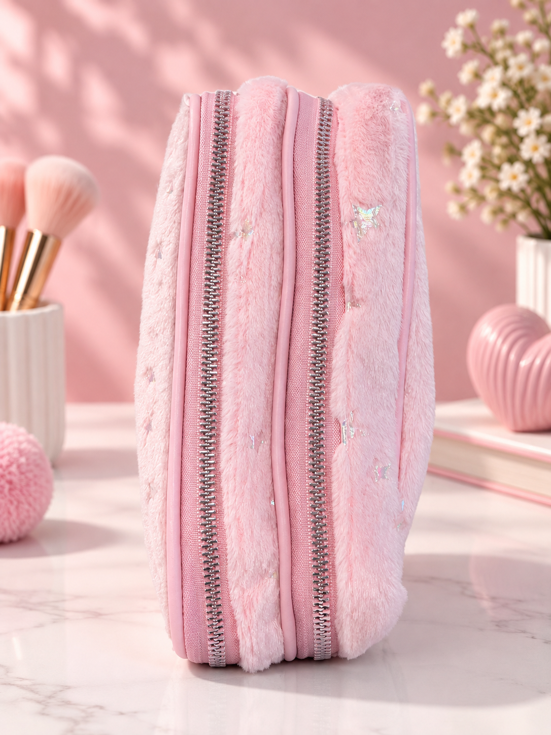 Fuzzy Star Print Double Compartment Pencil Case – Pink & Lavender