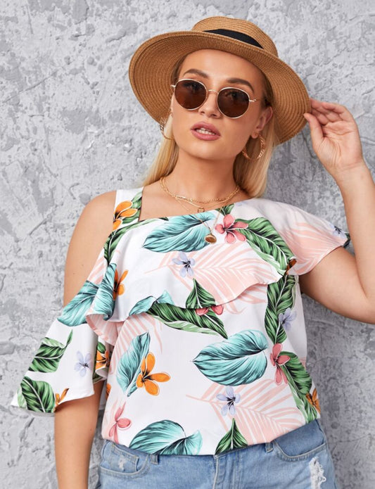 Shein Plus Floral Print One Cold Shoulder Blouse - 3XL