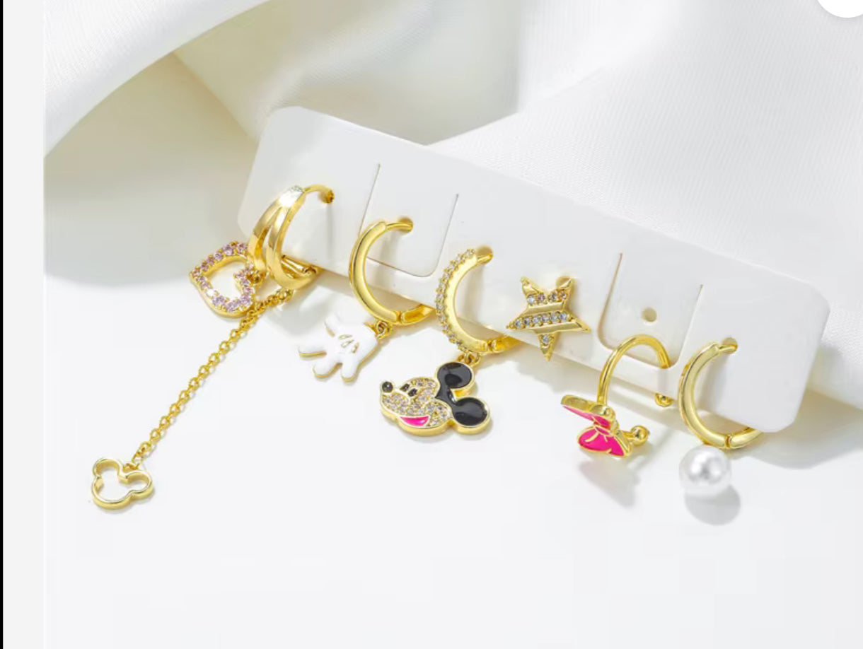 SP Cute Girl Fashion Pink Enamel Mouse Earrings Sets 18K Gold Plated Zircon Heart Long Tassel Earring Set